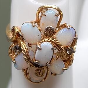 Vintage KAOS Opal Ring, Size 6 3/4, 14KHGE, 2 Dark Rhinestones